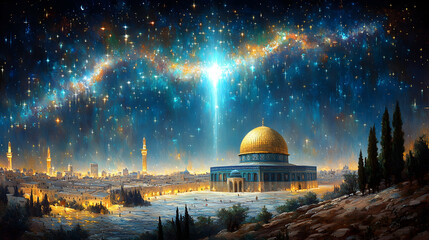 Obraz premium Dome of the Rock, Jerusalem, night, celestial, spiritual, artwork, faith, hope, peace