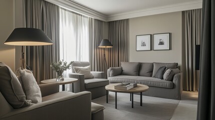 Cozy living room with gray furnishings, including a sofa, chairs, and a floor lamp. Small wooden table and decorative items in black and white add a touch of style.
