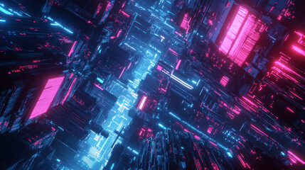 futuristic blue and pink neon light 3d render illustration with sci-fi cyber punk design