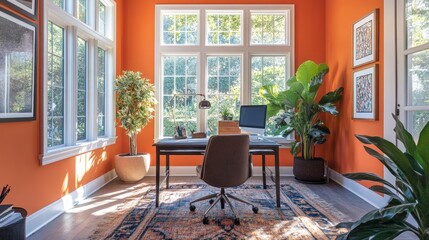 Fototapeta premium Cozy office area with vibrant orange walls, featuring a desk and ample natural light.