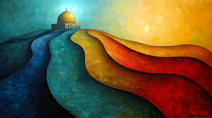Obraz premium Dome of the Rock, Jerusalem, sunrise, colorful hills, spiritual art, religious imagery