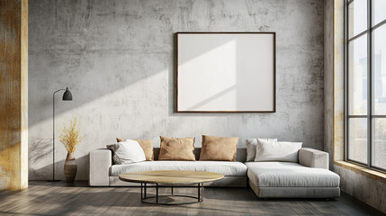 modern living room with table, couch, empty picture frame and industrial design with concrete walls 3d render illustration. 3D Illustration