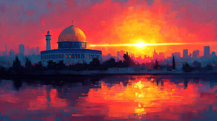 Obraz premium Dome sunset, city skyline, reflection, fiery sky, travel