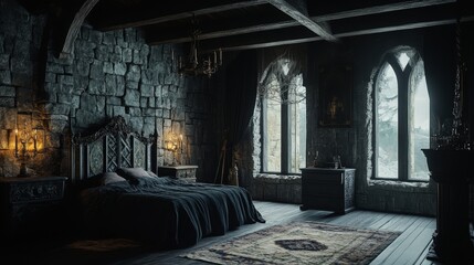 Medieval ancient dark bedroom interior composition background