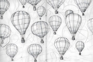 a sketch of a cluster of hot air balloons drifting in the sky using black outlines only, avoiding any coloring.