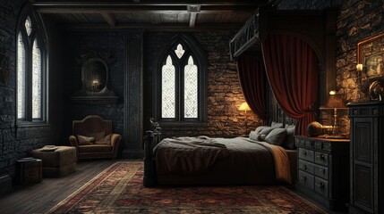 Medieval ancient dark bedroom interior composition background