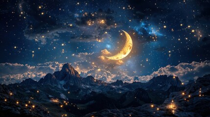 Naklejka premium Whimsical night sky filled with glowing stars and a smiling moon enchanting landscape dreamy adventures children’s imagination gigapixel quality