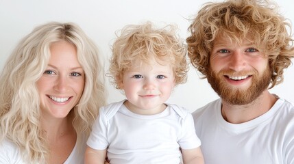 Happy family portrait, studio shot, white background, child, parents