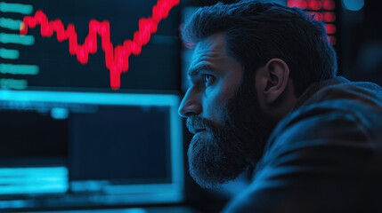 The falling crypto and the stock markets. The beginning of the bear season. The red candles went down. Financial Crisis. Stressed stock exchange trader, red graphs.