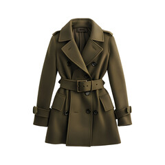 Wool Trench Coat in Olive Green with Belt Isolated on Transparent Background