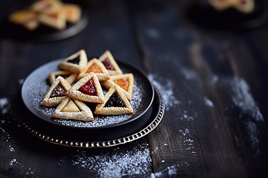 Delicious hamentashen with various fillings on an elegant black background. Holiday cookies for the Jewish holiday of Purim