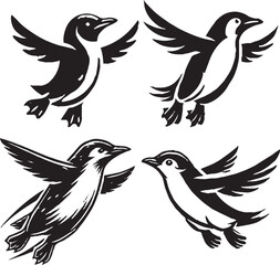 Stylized Black and White Illustrations of Birds in Flight