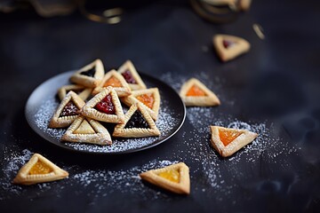 Fototapeta premium Delicious hamentashen with various fillings on an elegant black background. Holiday cookies for the Jewish holiday of Purim