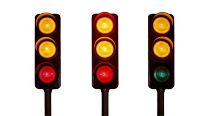 Urban Sunset Traffic Lights Red, Yellow, Green Signals in Evening Cityscape, isolated on transparent background.