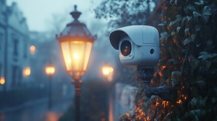 A 3D white video camera installed on a lamp post, with gentle light reflecting off its surface 