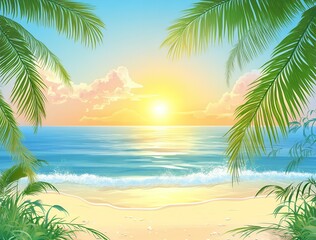 Fototapeta premium Serene Tropical Beach Sunset Palm Trees Frame Ocean Waves and Golden Sand