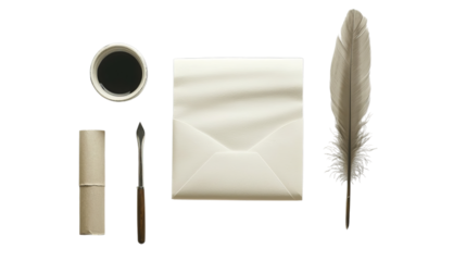 PNG of An elegant arrangement of a blank envelope, ink, a quill, and a scroll, evoking a sense of creativity and nostalgia. white or transparent Bg