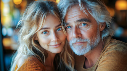 Couple enjoys a warm and intimate moment together in a cozy café during golden hour
