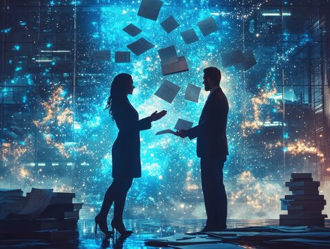 Surreal business negotiation scene with abac futuristic office digital art