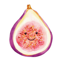 Smiling cartoon fig slice with cheerful face and vibrant colors png isolated
