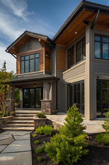 Fototapeta premium Modern Luxury Home Exterior: Architectural Design and Landscaping. Stunning contemporary house with stone, wood, and large windows. Beautiful landscaping complements the home's design.