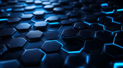 Abstract dark black honeycomb background with blue lighting effect modern futuristic 3d render