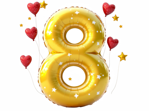 Golden Number 8 Balloon with Heart and Star Balloons
