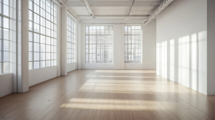 Fototapeta premium Big white bright loft room architecture render 3d illustration with shiny wooden floor and white textured walls day light high key lighting