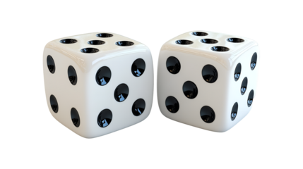 White Dice Pair Realistic 3D Render, Gambling Game with Black Dots, isolated on transparent background.