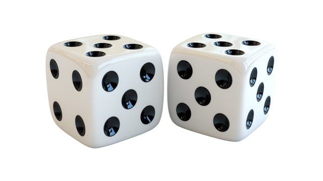 White Dice Pair Realistic 3D Render, Gambling Game with Black Dots, isolated on transparent background.