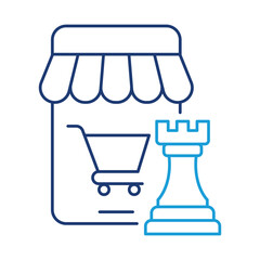 E-commerce Strategy – Shop Icon with Chess Piece Representing Strategic Planning for Online Store Success and Growth