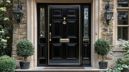 Elegant Black Front Door with Gold Accents and Greenery