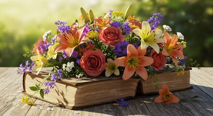 Vibrant Flower Bouquet on Antique Book Summer Scene