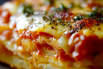 Up-close shot of a cheesy deep-dish pizza slice. 