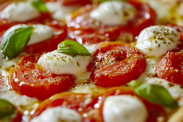 Up-close shot of a fresh mozzarella and tomato pizza. 