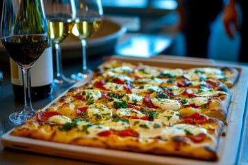 Upscale pizza tasting event with wine pairings.