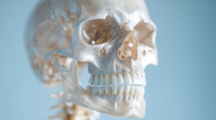 Naklejka premium Human skull anatomy, medical study, light blue background, education