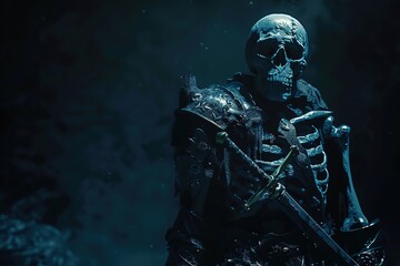 Fototapeta premium Skeleton in armor with sword on dark background, Ai Generated