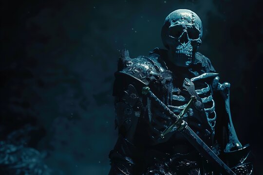 Skeleton in armor with sword on dark background, Ai Generated