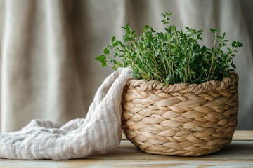 Obraz premium A minimalistic woven basket filled with fresh green herbs, accompanied by a light linen cloth on a wooden surface