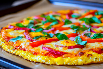 Vibrant vegetable-focused pizza with a cauliflower crust. 