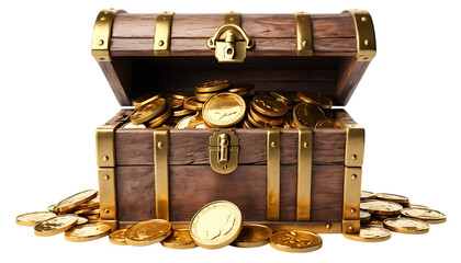Set of Wooden treasure chest overflowing with gold coins png