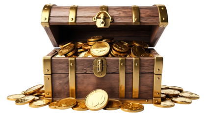 Set of Wooden treasure chest overflowing with gold coins png