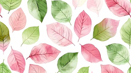 Obraz premium Seamless watercolor pattern with pink and green leaves on white background Botanical design for textile and print