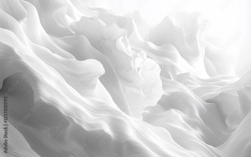 Poster abstract grayscale image of flowing, wavy, textured formations resembling sculpted fabric or stone.