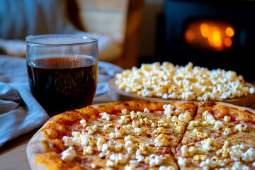Vintage-style movie night with pizza and popcorn. 