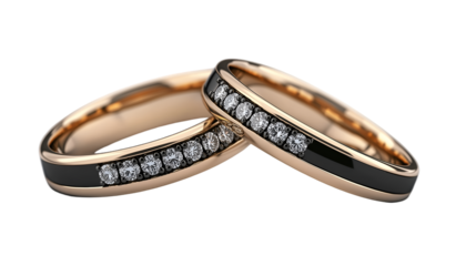 Rose Gold Diamond Rings Black Enamel Detail, Luxury Wedding Jewelry for Couples, isolated on transparent background.