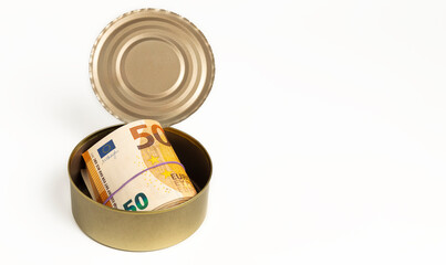 Euro banknotes sticking in an aluminium can, white background.
