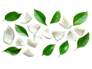 Green leaves and white petals on a white background.
