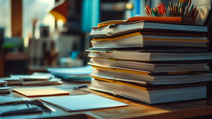document folders standing on white desk in office loft with copy space and empty sheets for your content 3d render illustration back lighting